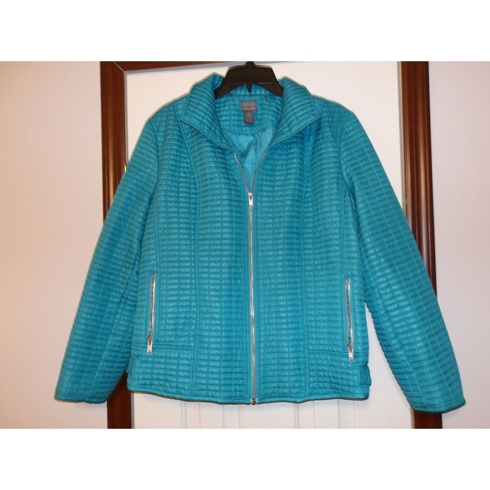 Additions by Chicos Turquoise Blue Quilted Puffer Jacket Full Zip Size 2 Large‎